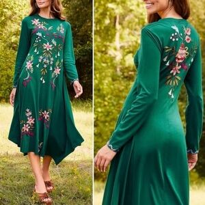 Johnny Was Amarylla Dress Small Emerald Green Cotton Embroidered Asymmetric Boho